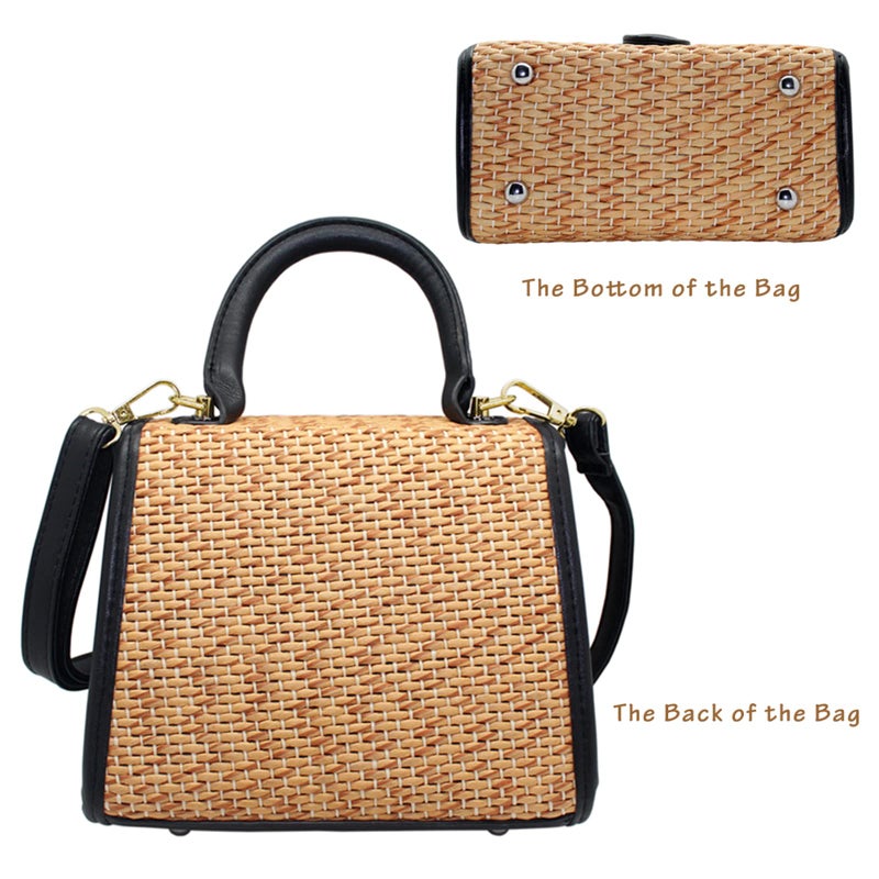 boshiho Retro Straw Woven Handbag Womens Cross Body Bag Shoulder Messenger Satchel (Large - Black) - Image 4